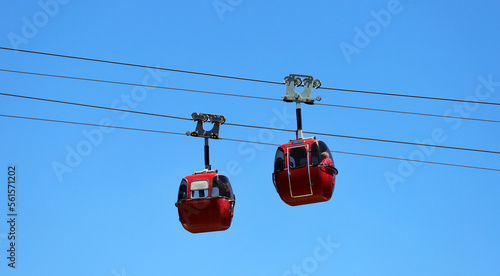 Cable car of Cerro Otto, San Carlos de Bariloche, Rio Negro, Argentina. Means of transport that goes up to Cerro Otto and its rotating confectionery. Tourist attraction. Red funicular.