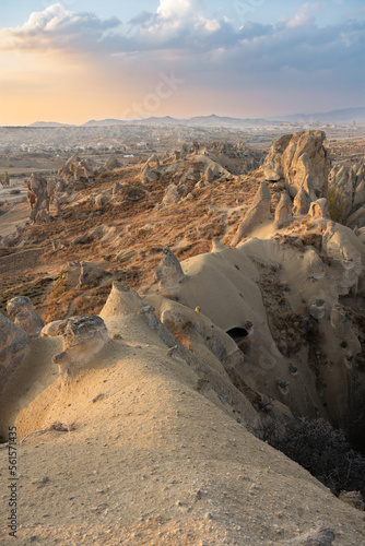 Stunning Cappadocia landscape with the rock formations during a beautiful sunset. Red & Rose Valley, Cappadocia, central Anatolia, Turkey
