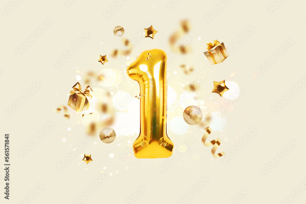 Golden number 1 is flying with golden confetti, gifts, mirror ball and stars balloons on a beige background with bokeh lights and sparks, creative idea. Winner and first place, concept. - obrazy, fototapety, plakaty 