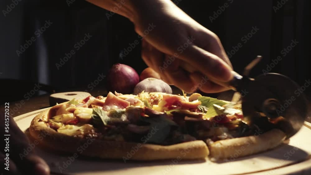 Close up homemade pizza on the table, fast food cooking in the kitchen at home, Food Fottage Clip. Close up homemade pizza on the table, fast food cooking in the kitchen at home, Food Fottage Clip.