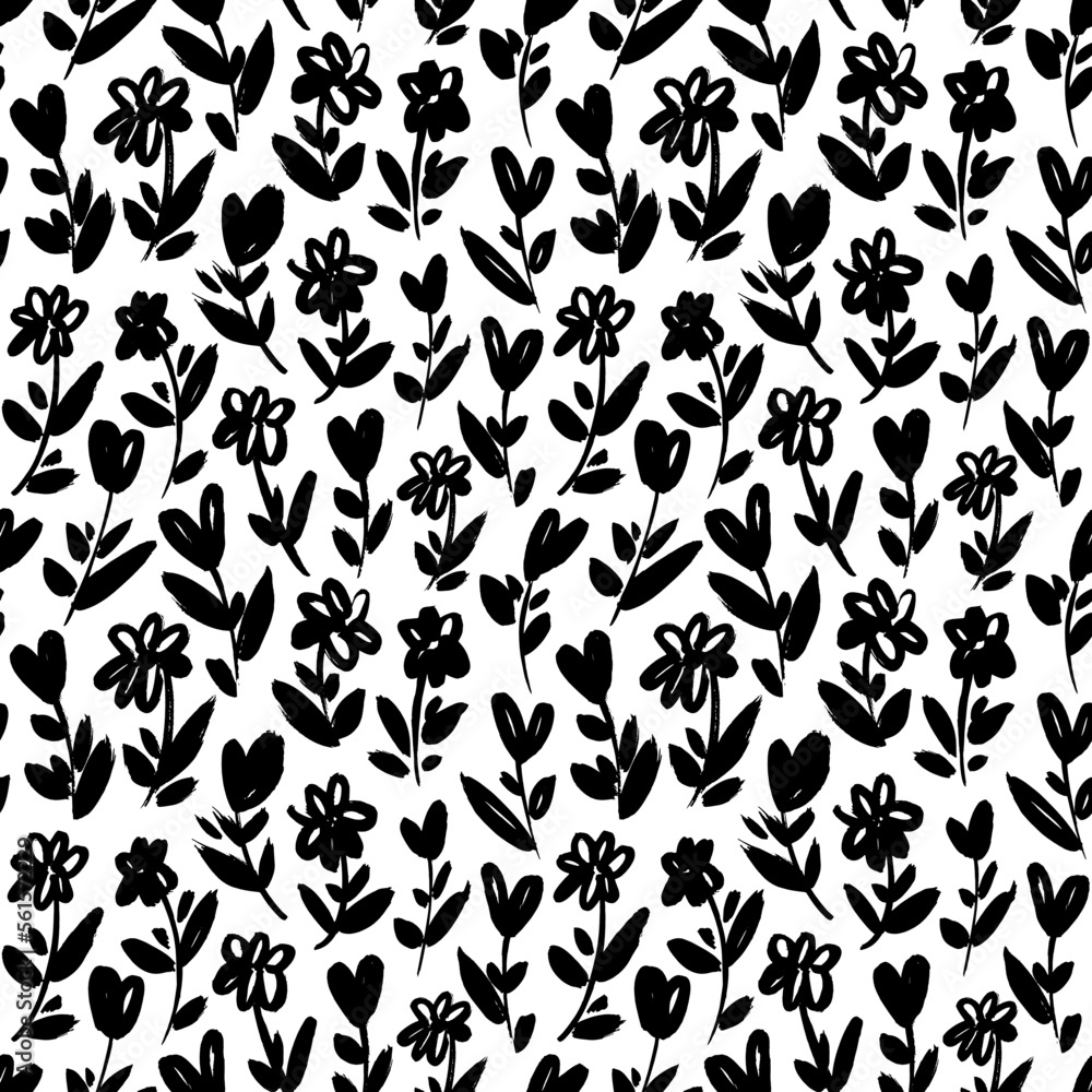 Fototapeta premium Ink drawing wild flowers seamless pattern. Monochrome artistic botanical ornament. Chamomile with heart shape blossoms. Small wild and meadow herbs and flowers. Brush drawn vector elements. 