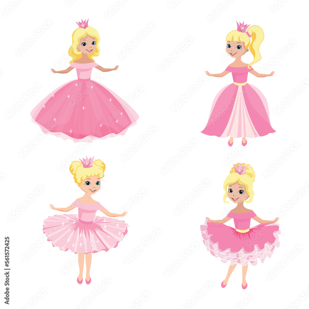 Beautiful princess in a crown and a pink dress. Vector set of four princesses with different hairstyles and different dresses. Beautiful princess in a crown and a pink dress. Vector set of four princesses with different hairstyles and different dresses.