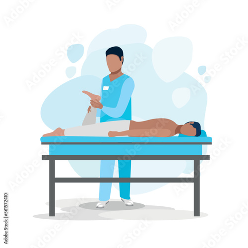 The patient is undergoing orthopedic rehabilitation with a physiotherapist. Physiotherapy. Restoration of health after illness and injury. Flat vector illustration.