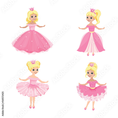 Beautiful princess in a crown and a pink dress. Vector set of four princesses with different hairstyles and different dresses.
