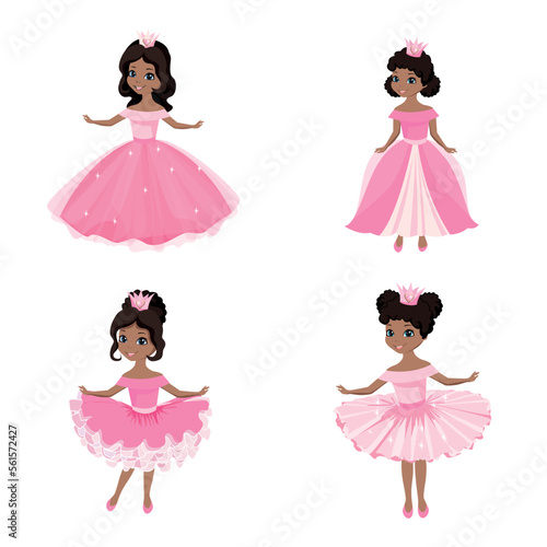 Beautiful princess in a crown and a pink dress. Vector set of four princesses with different hairstyles and different dresses.