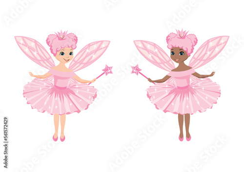 Cute fairy princess in a crown and a pink dress. Vector set of two fairies with wings and a magic shoulder isolated on a white background.