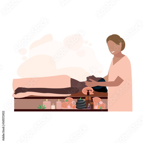 The masseur makes a face massage to a girl. Relaxation and skin care in the spa salon. Vector illustration for advertising, flyers and social networks.