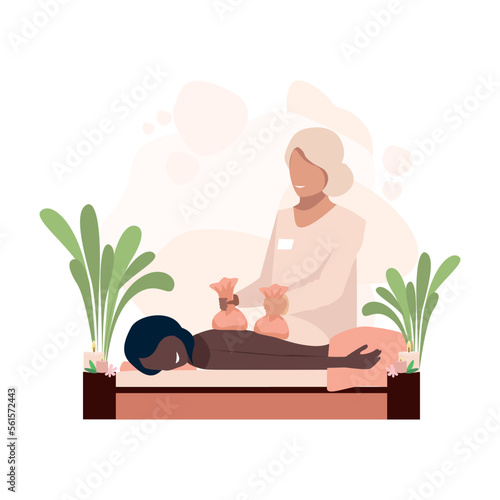 Back massage with aromatic herbal bags in the spa salon. Aromatherapy. Alternative medicine. Eastern medicine. Relaxation and recovery. Vector illustration isolated on white background.