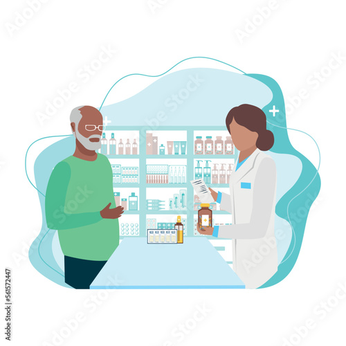Customers in a pharmacy talk to a pharmacist and buy medicines. Pharmacy shelves are filled with vials of medicines, pills, capsules and medical supplies. Vector illustration.