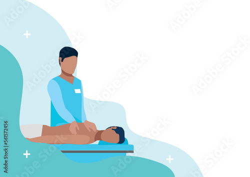 The patient is undergoing orthopedic rehabilitation with a physiotherapist. Physiotherapy. Restoration of health after illness and injury. Flat vector illustration.