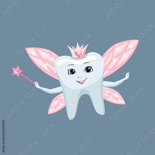 Tooth fairy in a caron and with a magic platter. The tooth fairy holds a cheerful tooth in her hands. Healthy teeth. Cute fairy tale character. Vector illustration.