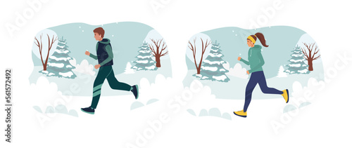 Running sporty woman, man in a jacket, warm clothes runs against background of winter landscape. young girl goes in for sports. Hand drawn style vector design illustrations. cartoon. running in winter