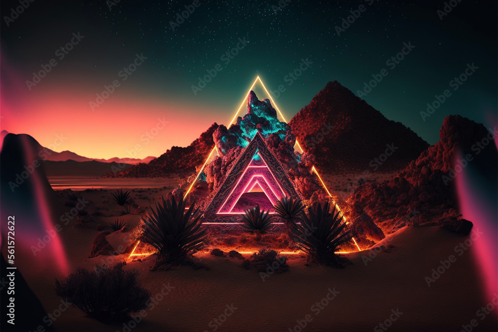 Neon Sacred Geometry in Mountainous Landscape at Sunset  Generative AI