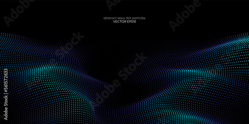 Flowing dot particles wave pattern blue and green gradient light isolated on black background. Vector in concept of AI technology, science, music.