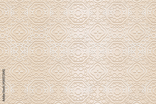 Embossed luxurious beige background, ethnic cover design. Press paper, boho style. Geometric tribal elegant 3d pattern. Handmade elements of the peoples of the East, Asia, India, Mexico, Aztecs, Peru.
