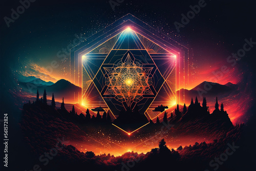 Neon Sacred Geometry in Mountainous Landscape at Sunset Generative AI