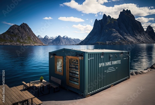  illustration concept of sustainability and recycle , container box remake as restaurant, office or house or hotel, landscape of Reine Norway as background, Generative Ai photo