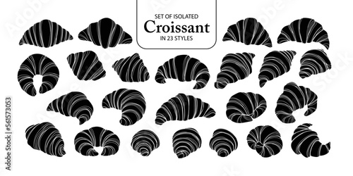 Cute hand drawn isolated black silhouette with white outline of croissants in 23 styles