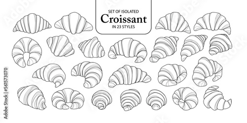 Cute hand drawn isolated black outline with white plane of croissants in 23 styles