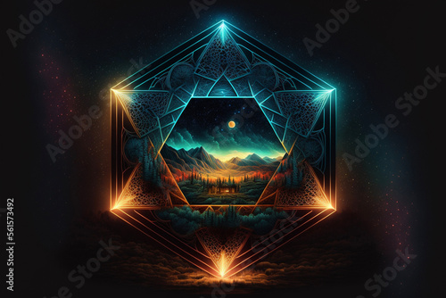 Neon Sacred Geometry in Mountainous Landscape at Sunset Generative AI photo