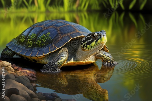 Fototapeta turtles basking in the sun in a lake. AI generated image