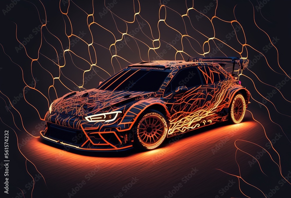 Futuristic Rallycross Futuristic Sports car or Rally Car Racing on Glowing Lines and Roads ...