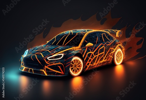 Futuristic Sports car or Rally Car Racing on Glowing Lines and Roads - An Extreme Sports Illustration with Glowing Light  Highlighting the Art of Car Racing generative ai