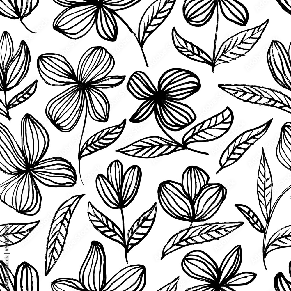 Seamless floral pattern with linear blossoms and leaves. Pencil drawing flowers. Black and white pattern in hawaiian style. Vector plants ornament. Childish and sketchy style. 