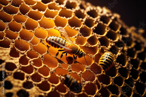 Close up view of bees on honey cells (ai generated)