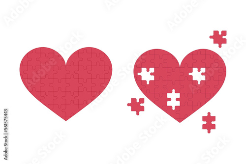 Puzzle hearts set. Whole and broken heart isolated. Flat vector illustration on white background. Happy and unhappy love