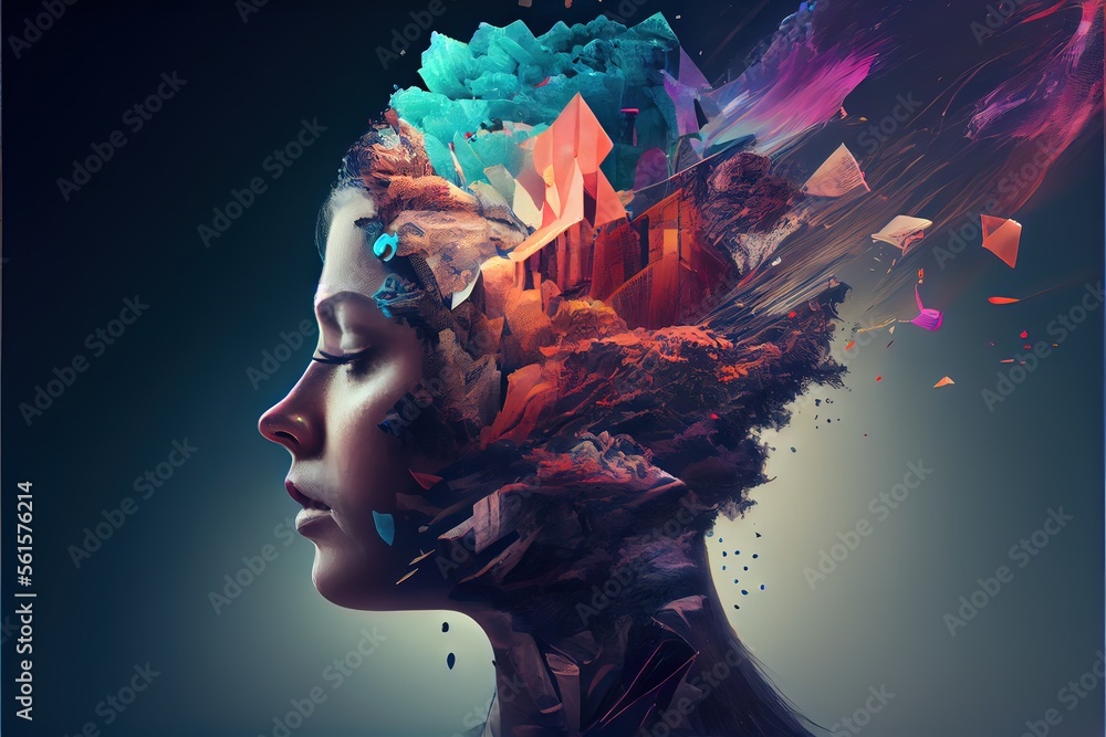 Generative AI illustration of annual collective mind concept art, exploding mind, inner world, dreams, emotions, imagination and creative mind - obrazy, fototapety, plakaty 
