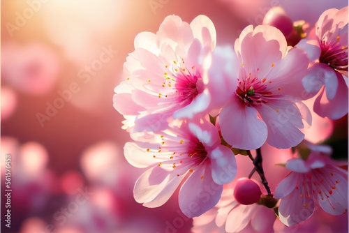 Generative AI illustration of spring banner, branches of blossoming cherry against pink background and nature outdoors. Pink sakura flowers, dreamy romantic image spring, copy space. © CravenA