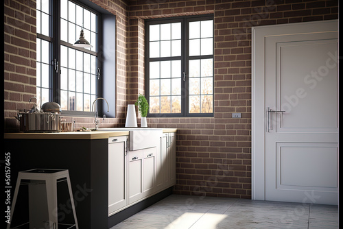 An internal corner of a contemporary kitchen features white brick walls  a concrete floor  big windows  and wooden worktops. simulated toned image. Generative AI