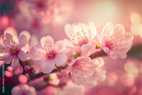 Generative AI illustration of spring banner  branches of blossoming cherry against pink background and nature outdoors. Pink sakura flowers  dreamy romantic image spring  copy space.