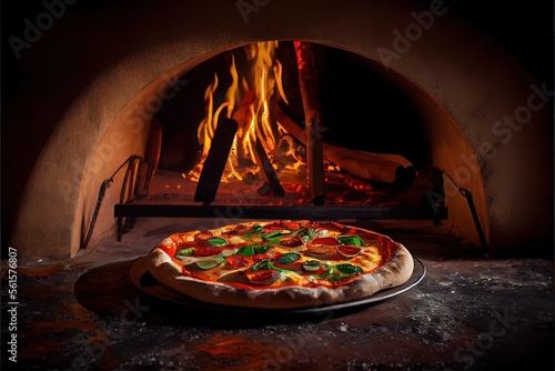 Generative AI illustration of Italian pizza is cooked in a wood-fired oven.