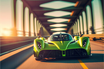 Wandcirkels Auto Limegroene hypercar op voorstadsbrug  © ARThitecture