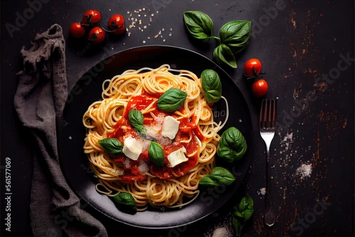 Generative AI illustration of tasty appetizing classic italian spaghetti pasta with tomato sauce, cheese parmesan and basil on plate on dark table. View from above