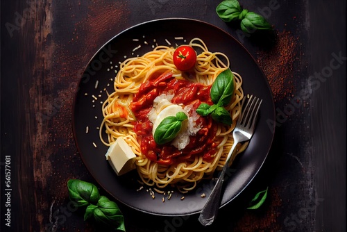 Generative AI illustration of tasty appetizing classic italian spaghetti pasta with tomato sauce, cheese parmesan and basil on plate on dark table. View from above