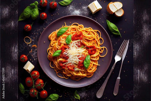 Generative AI illustration of tasty appetizing classic italian spaghetti pasta with tomato sauce, cheese parmesan and basil on plate on dark table. View from above