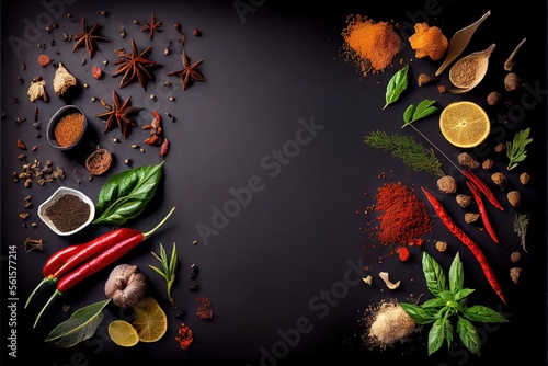 Fototapeta Naklejka Na Ścianę i Meble -  Generative AI illustration of wide variety spices and herbs on background of black table, with empty space