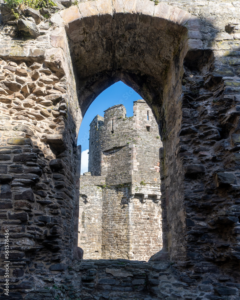 Conwy, North Wales, United Kingdom: Conwy Castle fortification built by Edward I, during his conquest of Wales. View through gate from west barbican into inner ward and towers.