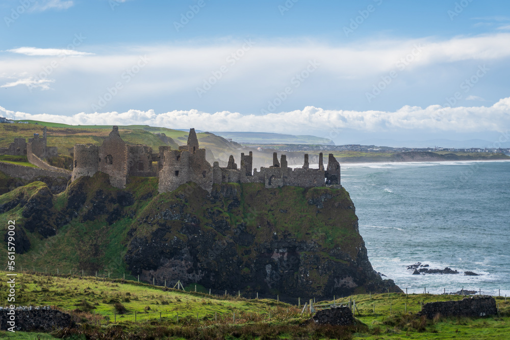 Dunluce Castle ruined medieval castle in Northern Ireland, seat of Clan MacDonnell. Dramatic setting on steep cliff to Irish Sea. Inhabited by both the feuding McQuillan and MacDonnell clans.