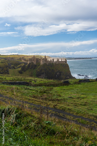 Dunluce Castle ruined medieval castle in Northern Ireland, seat of Clan MacDonnell. Dramatic setting on steep cliff to Irish Sea. Inhabited by both the feuding McQuillan and MacDonnell clans.