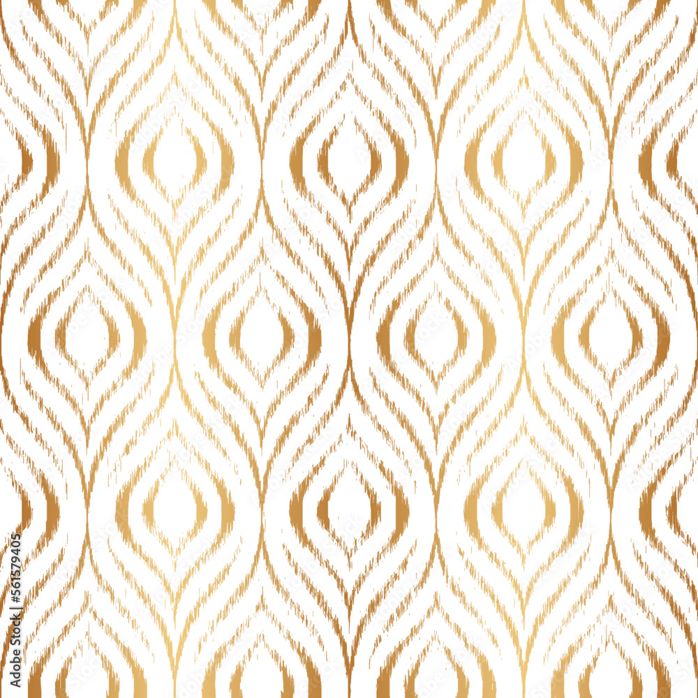 Peacock feather seamless pattern. Repeating gold bohemian ornament. Abstract golden wallpaper. Repeated geometric motif for design print. Repeat geometry line. Ogee navajo texture. Vector illustration