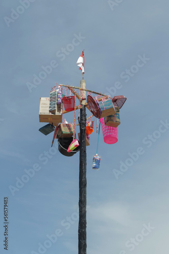 Kutacane, Indonesia, 17 Agustus 2022: Areca nut trees and hanging gifts to celebrate the independence of the republic of Indonesia or also known as 