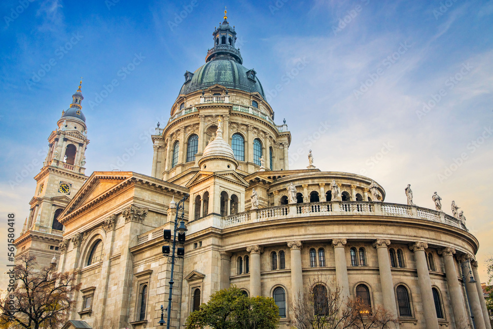 Scenic St. Stephen's Basilica exterior at sunset in Budapest