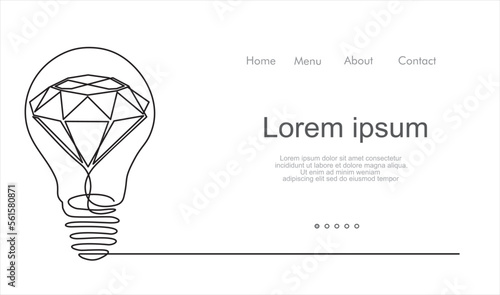 Continuous one single line drawing innovation Light bulb and diamond, brilliant inside. Icon vector illustration concept. Illustration with quote template. 