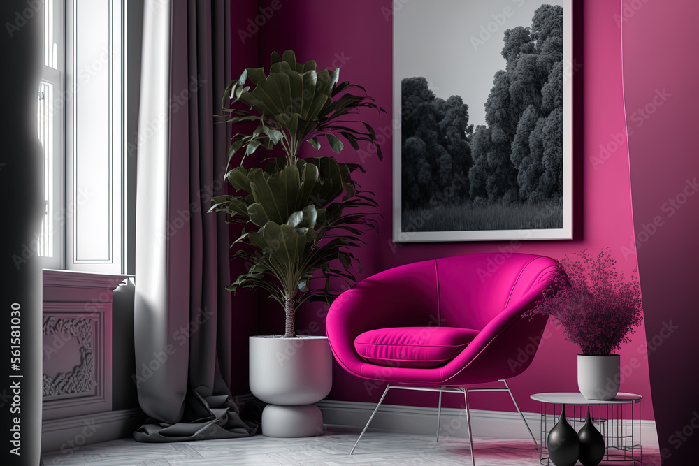 Viva magenta is a trend colour year 2023 in the living room. Interior