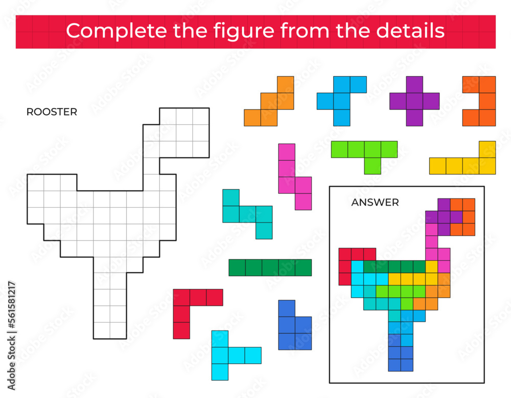 Complete the figure. Puzzle game with Rooster. 