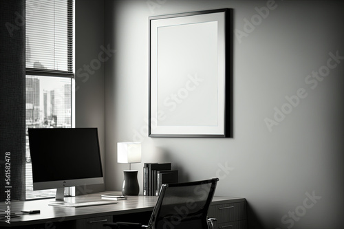 Empty frame on office wall diploma degree certificate credentials image photo poster business chief executive officer ceo cfo cxo promotion portrait work 3d fill in blank generative ai